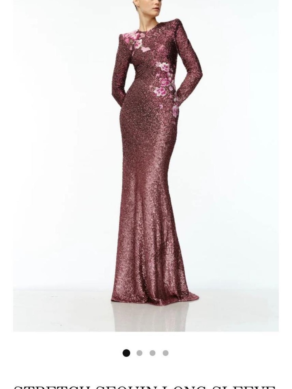 Naeem Khan Long-Sleeve Sequin Gown in Rose Gold with Pink Floral Appliqué